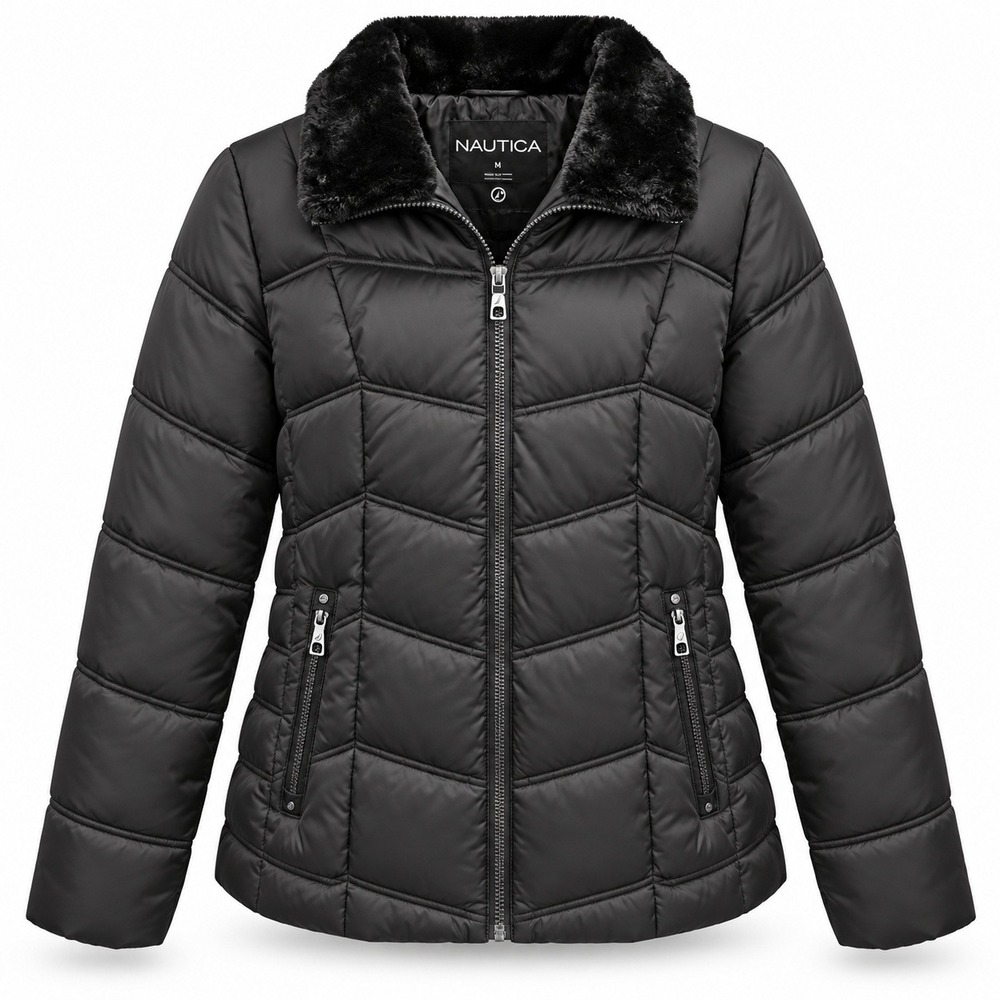 Nautica Women XL Black Puffer Jacket Faux Fur Collar Water Resistant Quilted